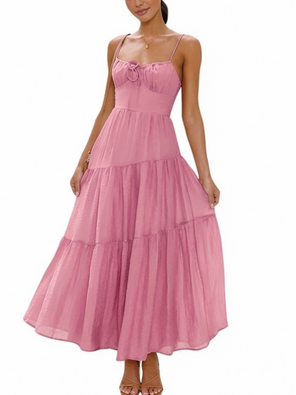 Commense Pink Tiered Cami Maxi Dress Flowy Medium NWT